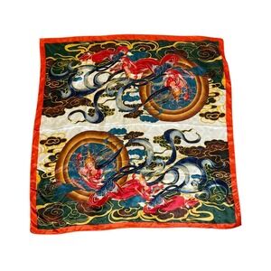 Silky Jewel Tone Purse Head Scarf Chinese Motifs‎ Square Asian Artsy 35" x 35"
